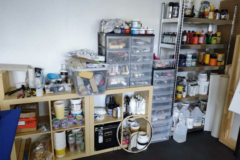 Paints and tools in my art studio and art gallery